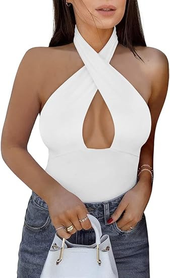REORIA Women's Sexy Criss Cross Halter Neck Sleeveless Thong Bodysuits Tops Clubwear | Amazon (US)