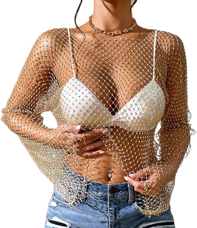 ABAFIP Women's Sparkly Rhinestone Crop Top Long Sleeve Mesh Bikini Cover up Fishnet Shirts Rave T... | Amazon (US)