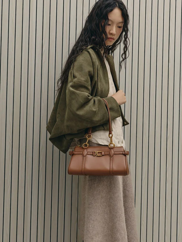 Chocolate Gwynne Metallic-Accent Elongated Shoulder Bag | CHARLES & KEITH | Charles & Keith US