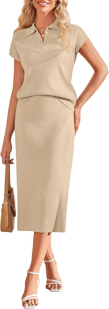 Arach&Cloz Women's Soft 2 Piece Sets Summer Polo Shirt and Midi Skirt Sweaters 2026 Outfits | Amazon (US)