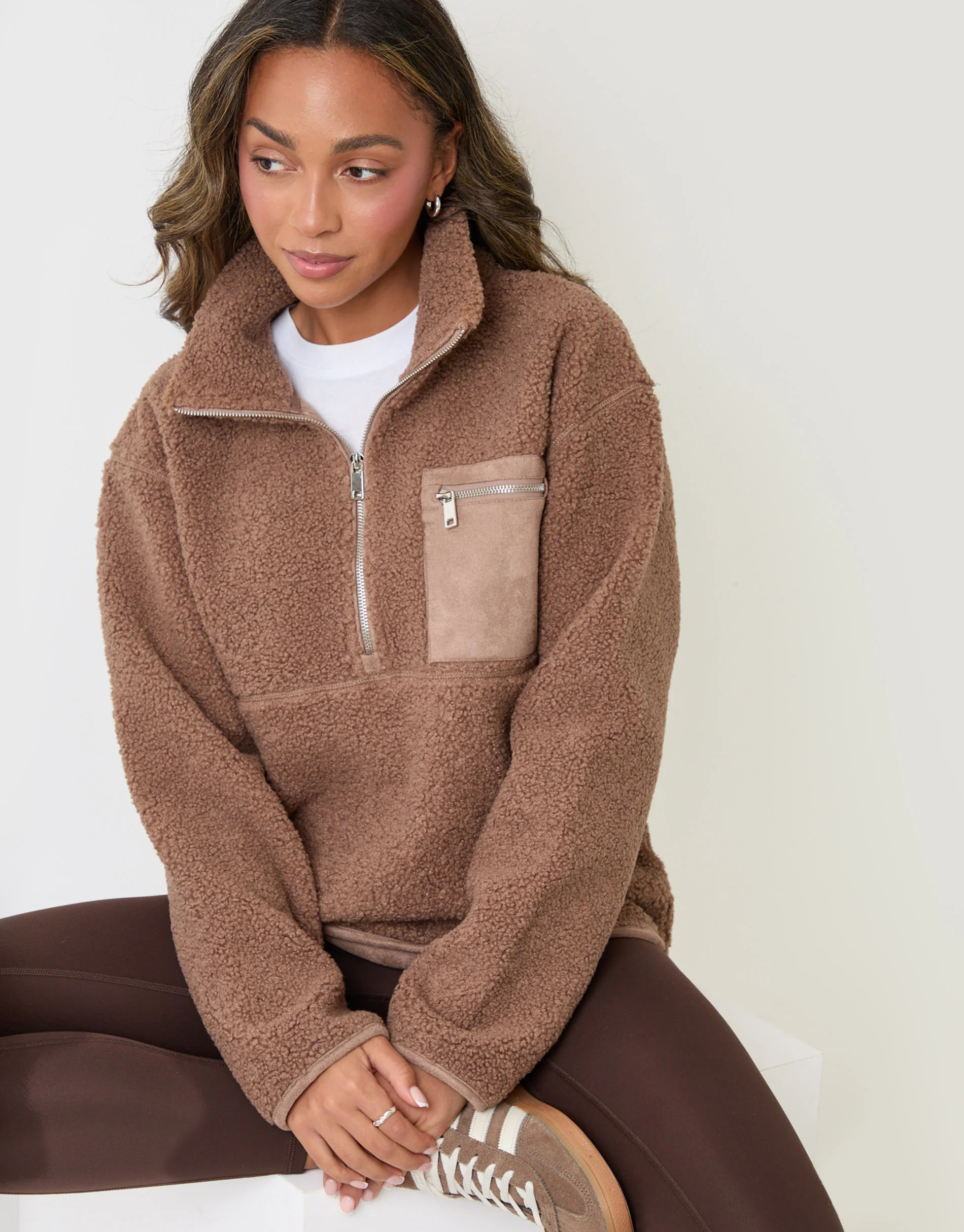 The Ultimate Half Zip Borg Fleece in Mink Brown | Threadbare UK