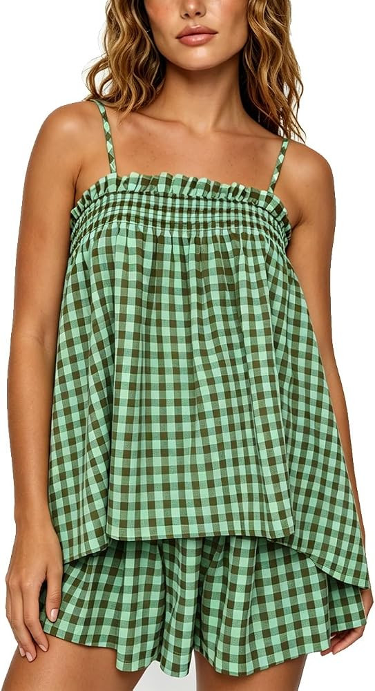 Women Gingham Two Piece Set Sleeveless Babydoll Tank Top and Plaid Shorts Pajama Set Sleepwear Y2... | Amazon (US)