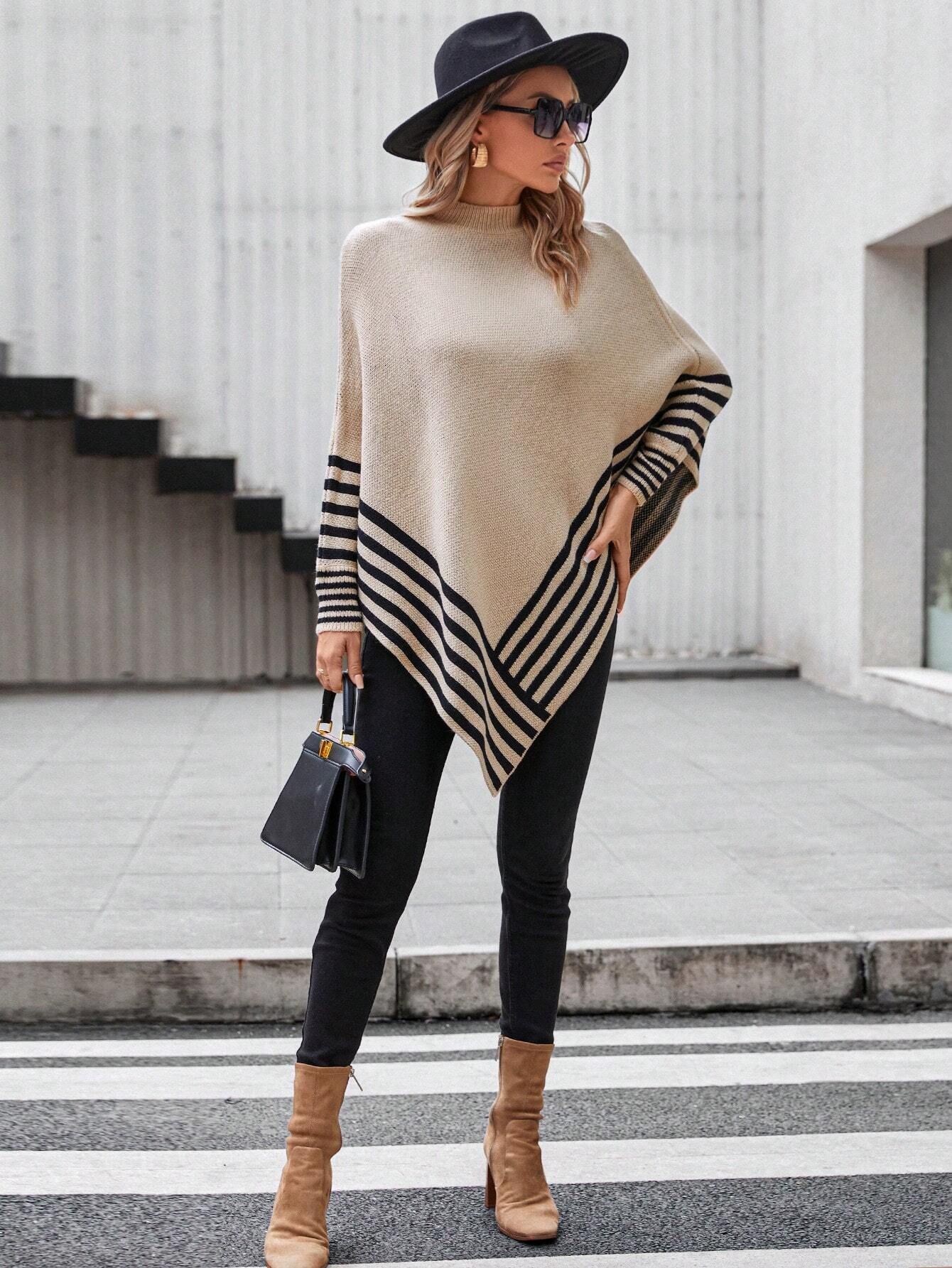 SHEIN Clasi Striped Pattern Batwing Sleeve Asymmetrical Hem Poncho Sweater | SHEIN