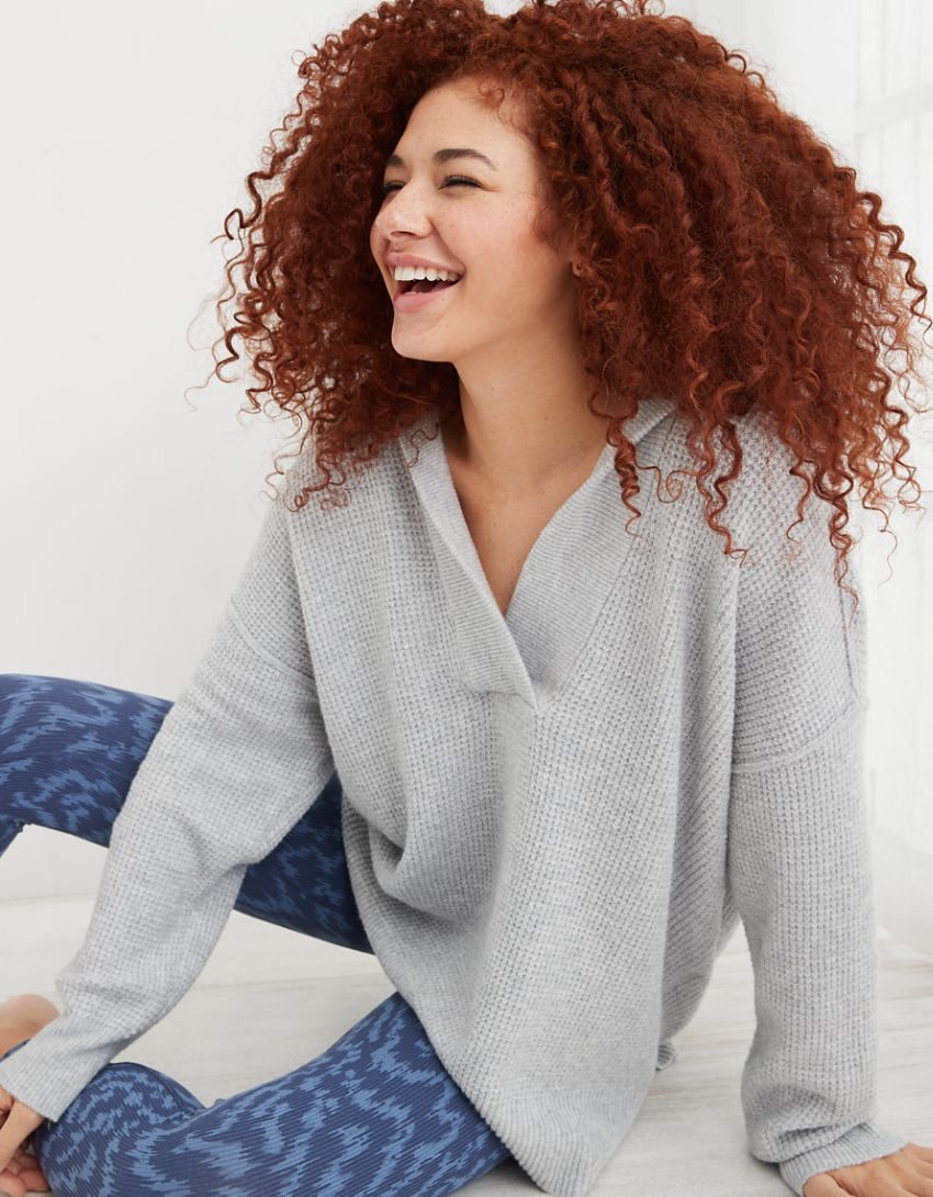 Aerie CozyUp Waffle Sweater Hoodie | American Eagle Outfitters (US & CA)