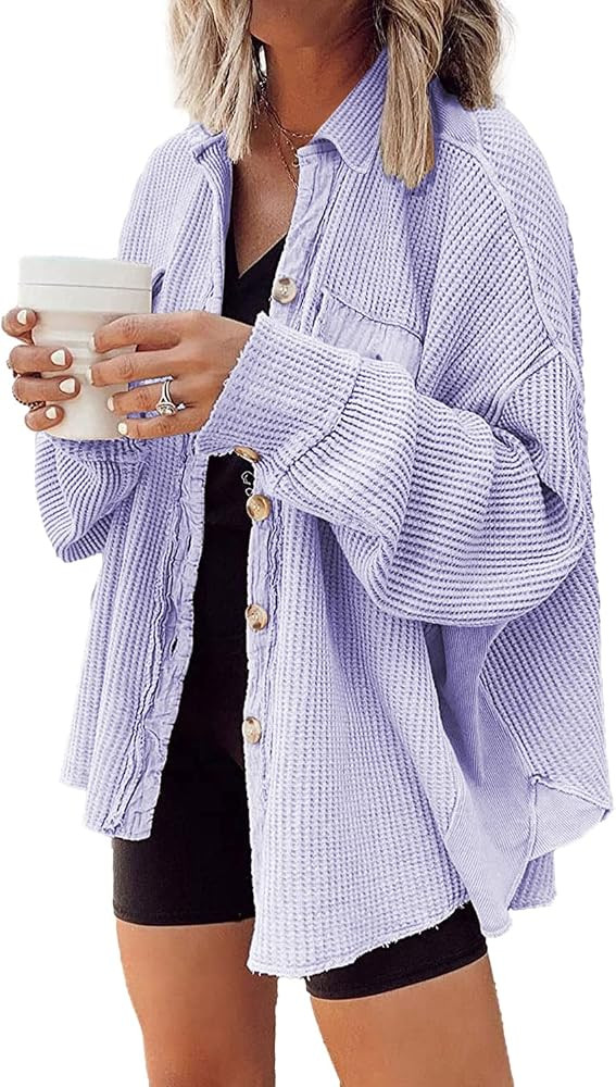 Nirovien Womens Waffle Knit Shirt Jacket Oversized Button Down Shacket Batwing Sleeve Tops with P... | Amazon (US)