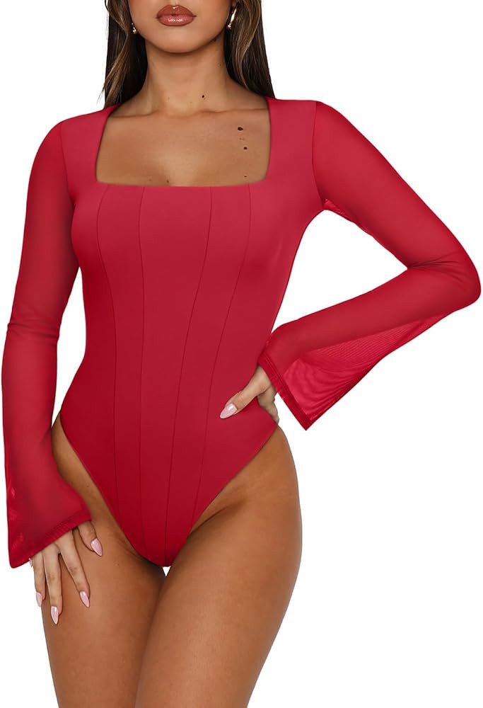 REORIA Women's Sexy Long Sleeve Square Neck Bodysuit Mesh Double Lined Going Out Tops 2025 | Amazon (US)