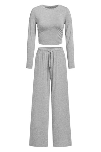 NORACORA Women's Lounge Sets - 2 Piece Ruched Outfits Loungewear Tracksuit | Long Sleeve Tops & Wide Leg Pants Light Grey XL | Amazon (US)