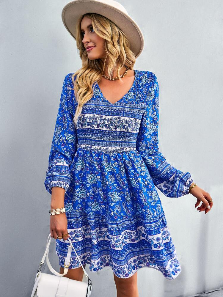 Floral Print Lantern Sleeve Shirred Dress | SHEIN