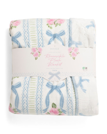 Rose And Bows Striped Reverse To Plush Blanket | TJ Maxx