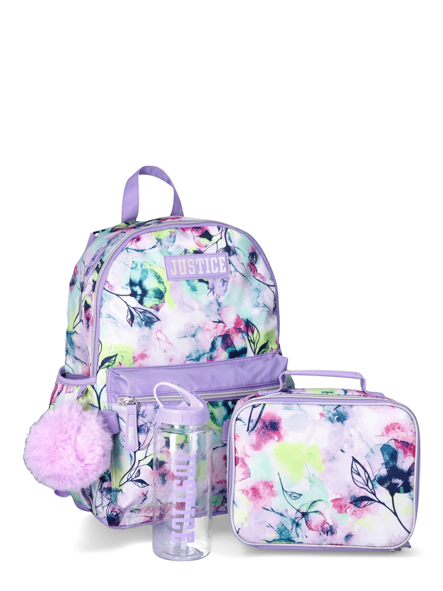 Justice Lavender Floral Print Girls 4-Piece Backpack Set with Lunch Bag, Lavender | Walmart (US)