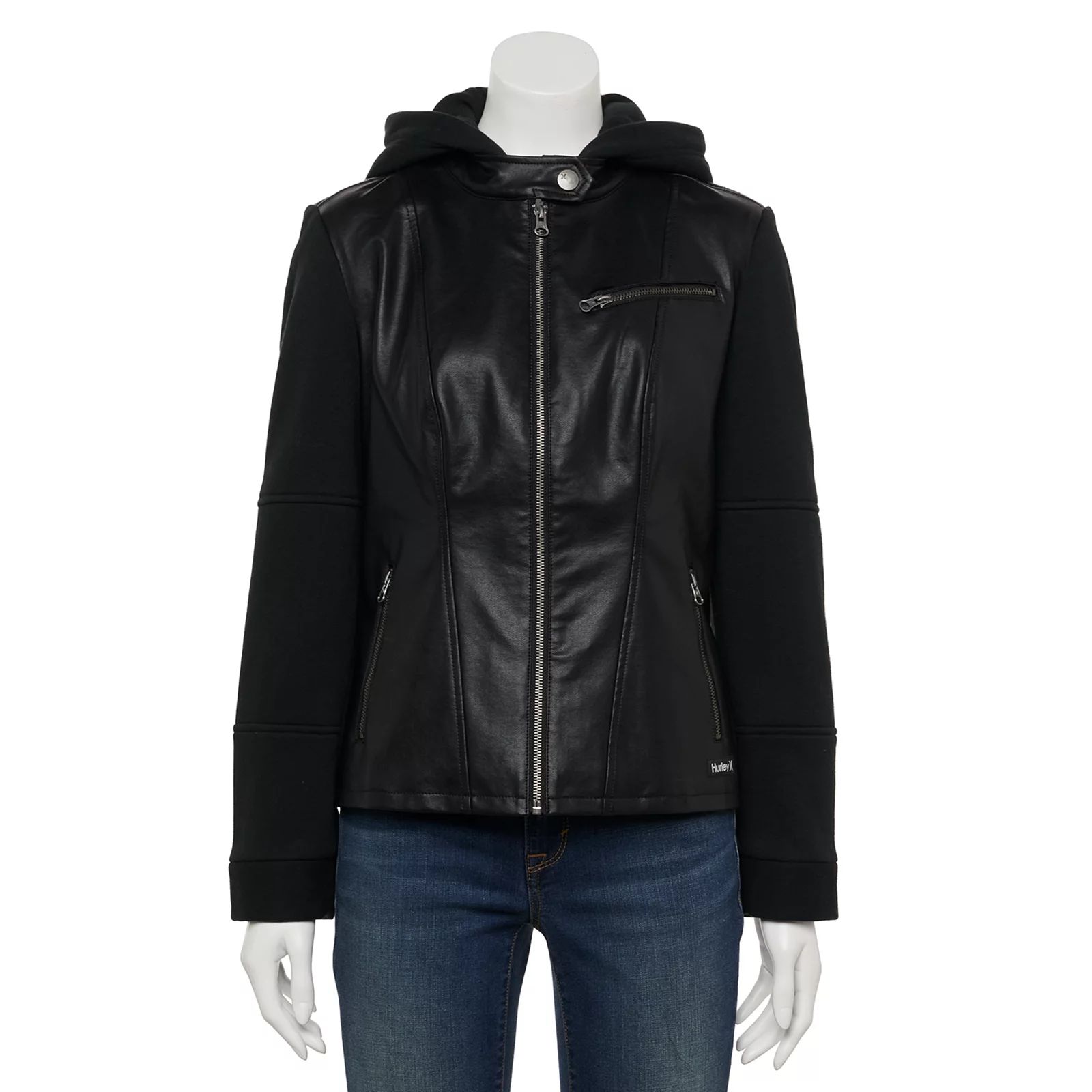 Women's Hurley Hood Faux-Leather Jacket, Size: Small, Black | Kohl's