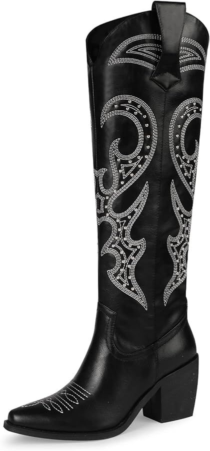 wetkiss Knee High Cowboy Cowgirl Boots for Women, with Unique Embroidery, Side Zipper and Chunky ... | Amazon (US)