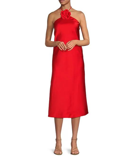 Satin Halter Rosette Neck Sleeveless Midi Dress | Dillard's