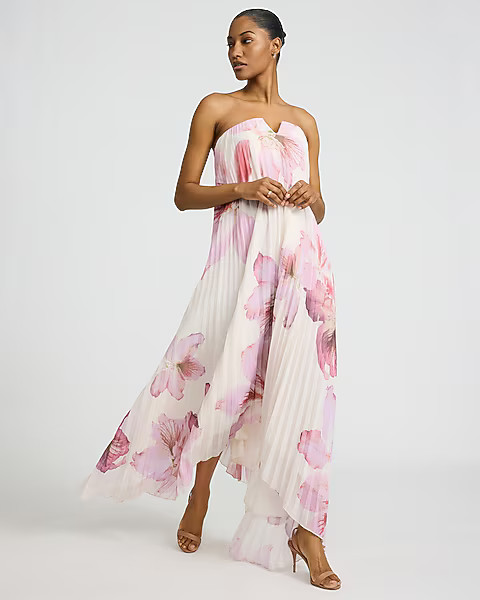 Floral Pleated Strapless Maxi Dress | Express