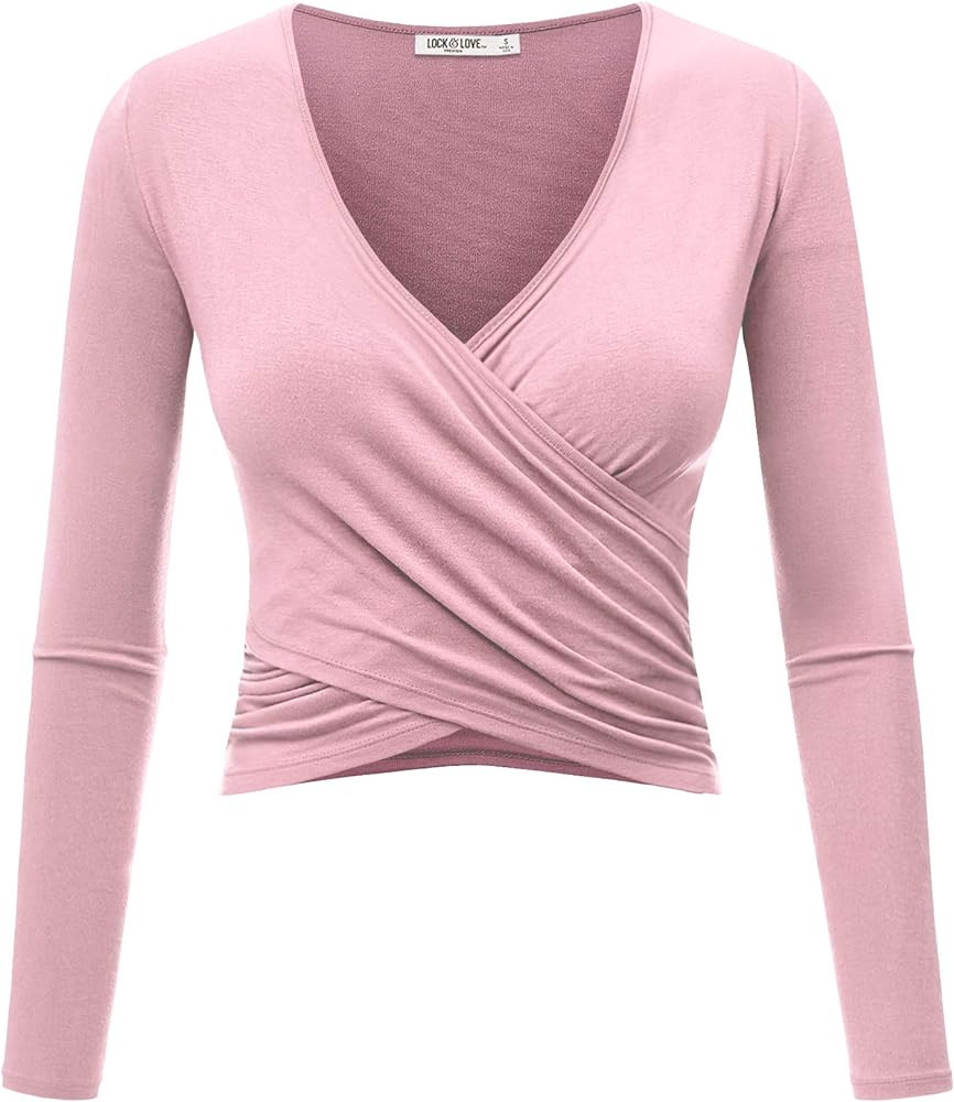 Lock and Love Women's Premium Short/Long Sleeve Deep V Neck Slim fit Cross Wrap Crop top Shirt-Ma... | Amazon (US)