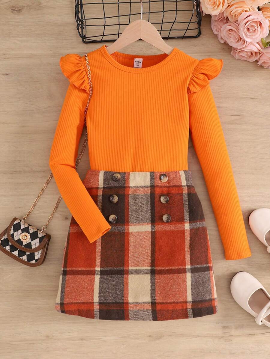 2pcs/Set Tween Girl Halloween Orange T-Shirt And Plaid Skirt Outfit | SHEIN