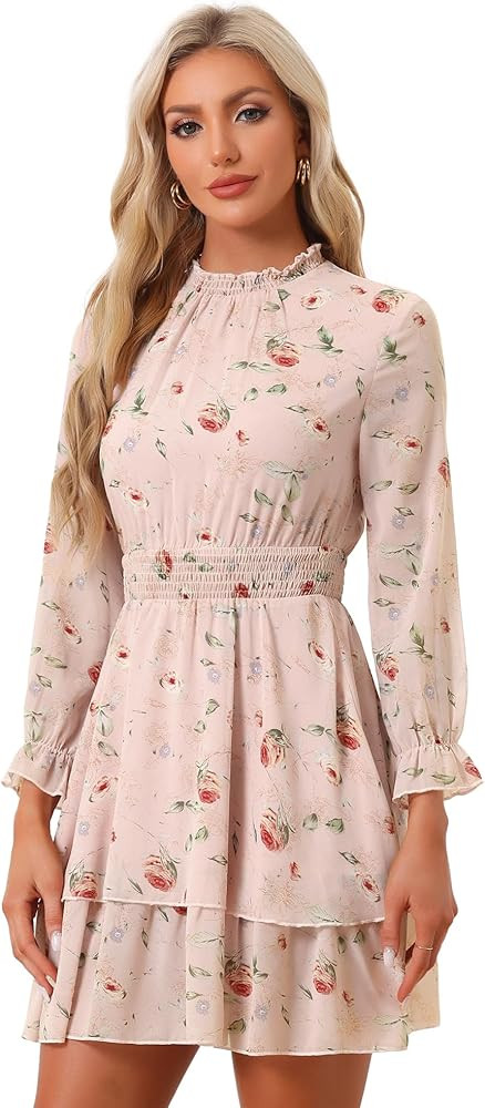Allegra K Women's Floral Dress Chiffon Long Sleeve Mock Neck Ruffle Layered Smocked Mini Dresses | Amazon (US)