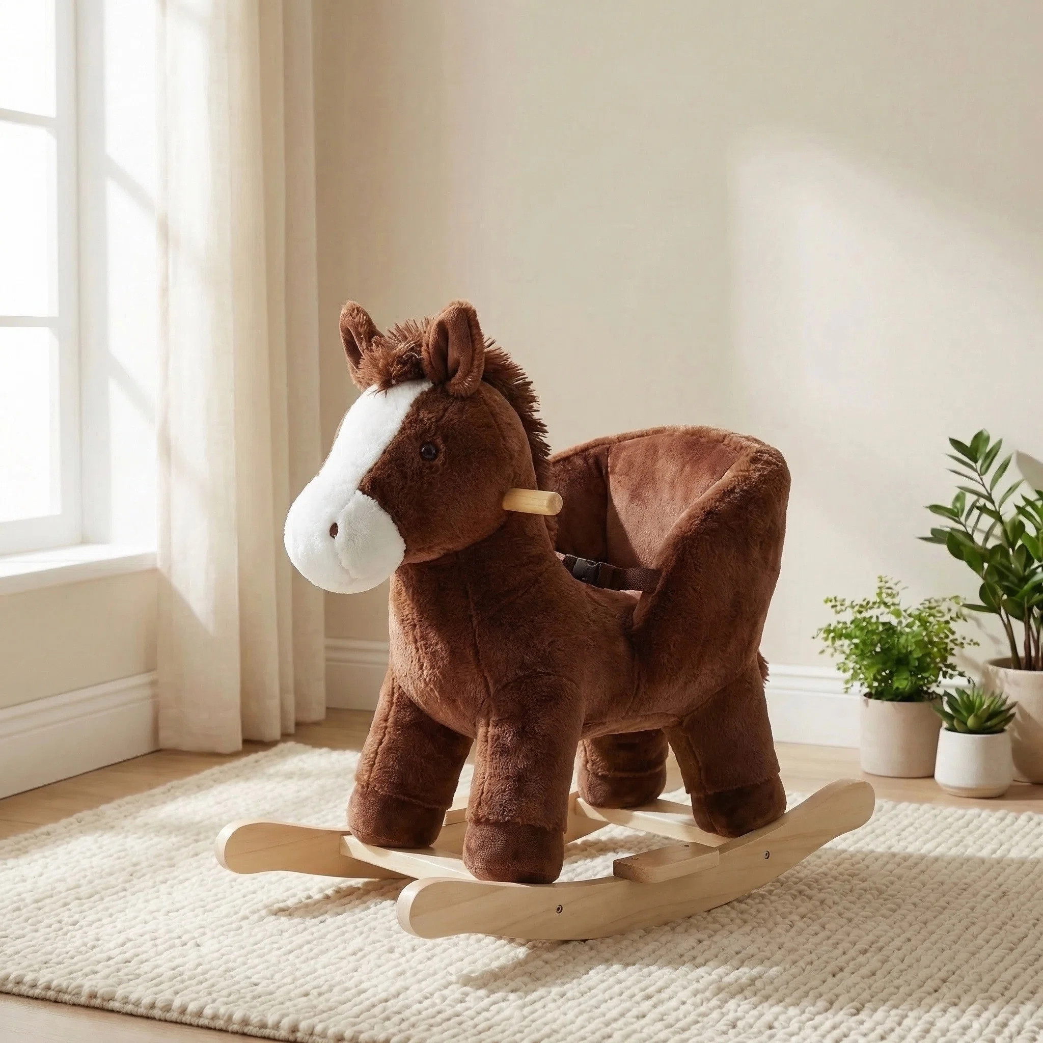 Safe Baby Rocking Horse With Sound Effects, Plush Stuffed Animal Ride On Toy With Safety Belt For Toddlers 1-3 Years Old, Wooden Rocker For Indoor & O | Wayfair North America