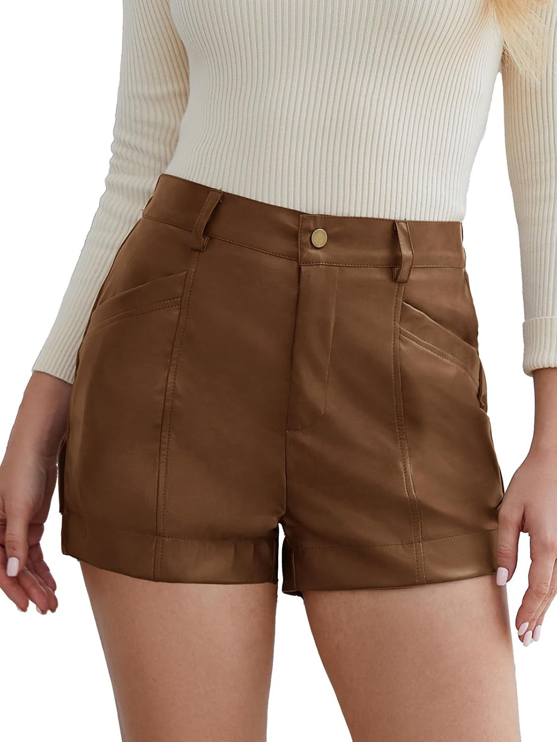 Rasutina Women Stretchy Leather Shorts High Waisted Dressy Shorts for Women Casual Faux Leather Shorts | Amazon (US)