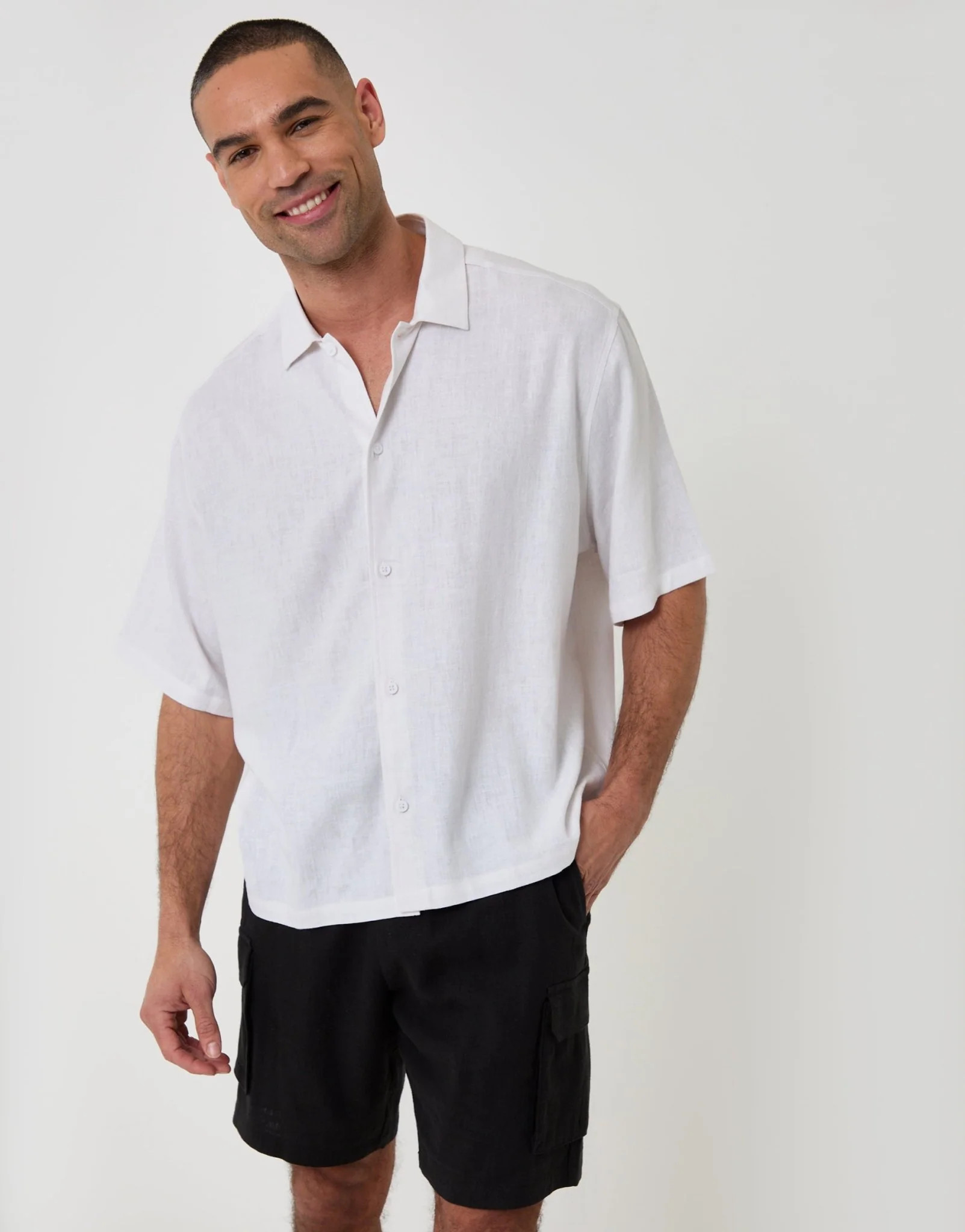 Boxy Fit Linen Blend Short Sleeve Shirt in White | Threadbare UK
