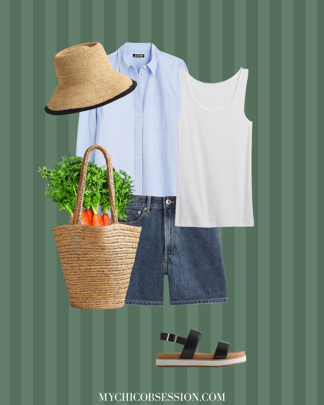 Style a summer outfit for the farmer's market. Pair a white tank top with a breezy blue button-up shirt, denim shorts, strappy sandals, and a straw hat. Don't forget a straw tote bag to hold all of your market finds! 

 #LTKSeasonal #LTKShoeCrush #LTKItBag