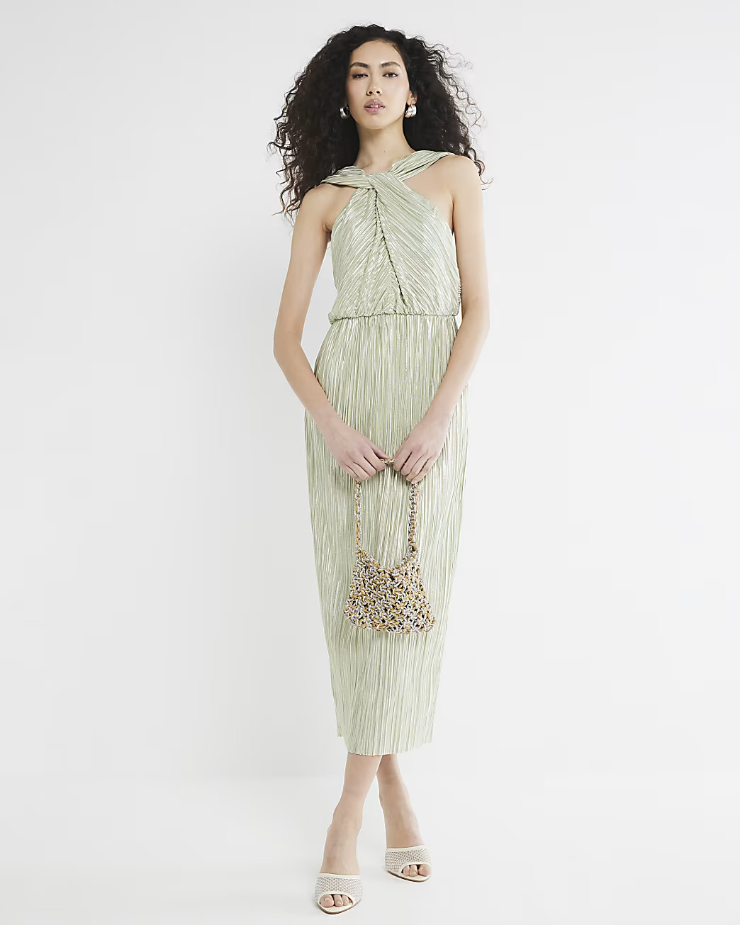 Green Twist Detail Plisse Midi Dress | River Island UK & IE