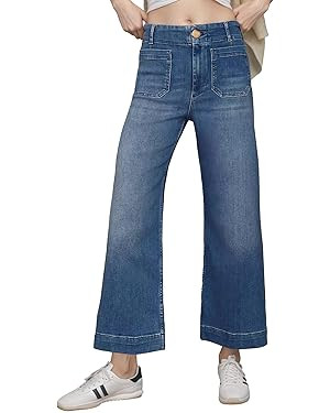 Womens Wide Leg Ankles Cropped Jeans High Waisted Straight Leg Stretchy Denim Pants with Pockets ... | Amazon (US)