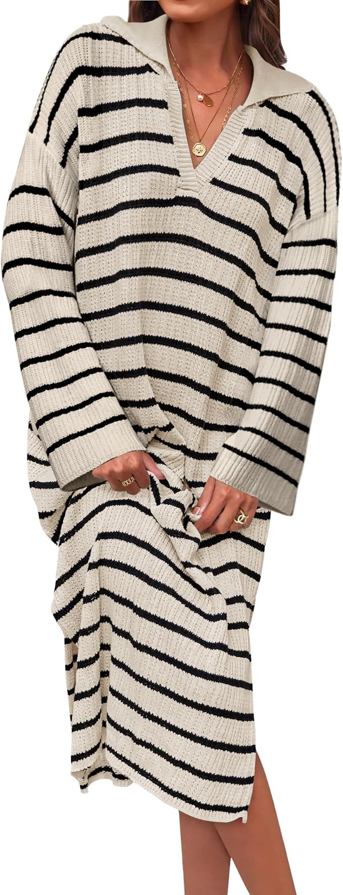 ZESICA Women’s Fall Striped Sweater Dresses 2024 Casual Long Sleeve Lapel V Neck Knit Side Slit... | Amazon (US)