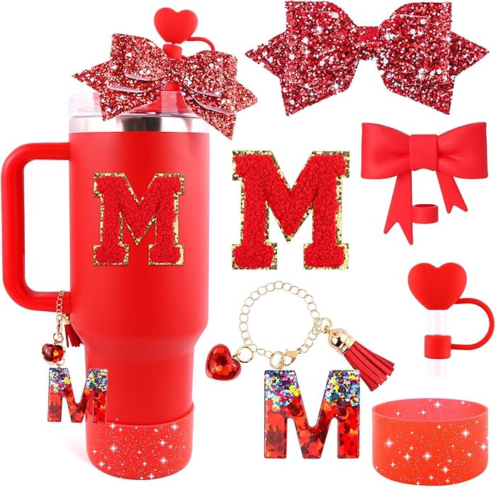 Red Cup Accessories Set for Stanley 30OZ & 40OZ Tumbler with Handle, Letter Charms, Bow & Diamond... | Amazon (US)