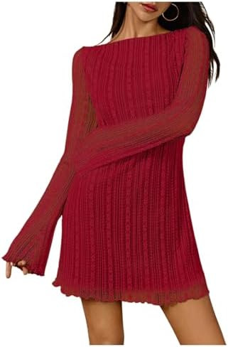 SOLY HUX Women's Lace Mini Dress Boat Neck Long Sleeve Lettuce Trim Bodycon Dresses | Amazon (US)