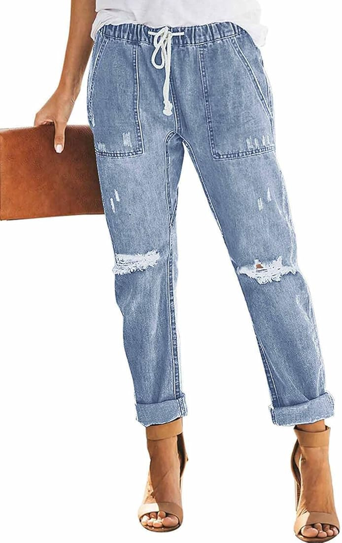 Metietila Women\u2019s Casual Pull-on Distressed Stretch Jeans Elastic Waist Jean Denim Joggers P... | Amazon (US)