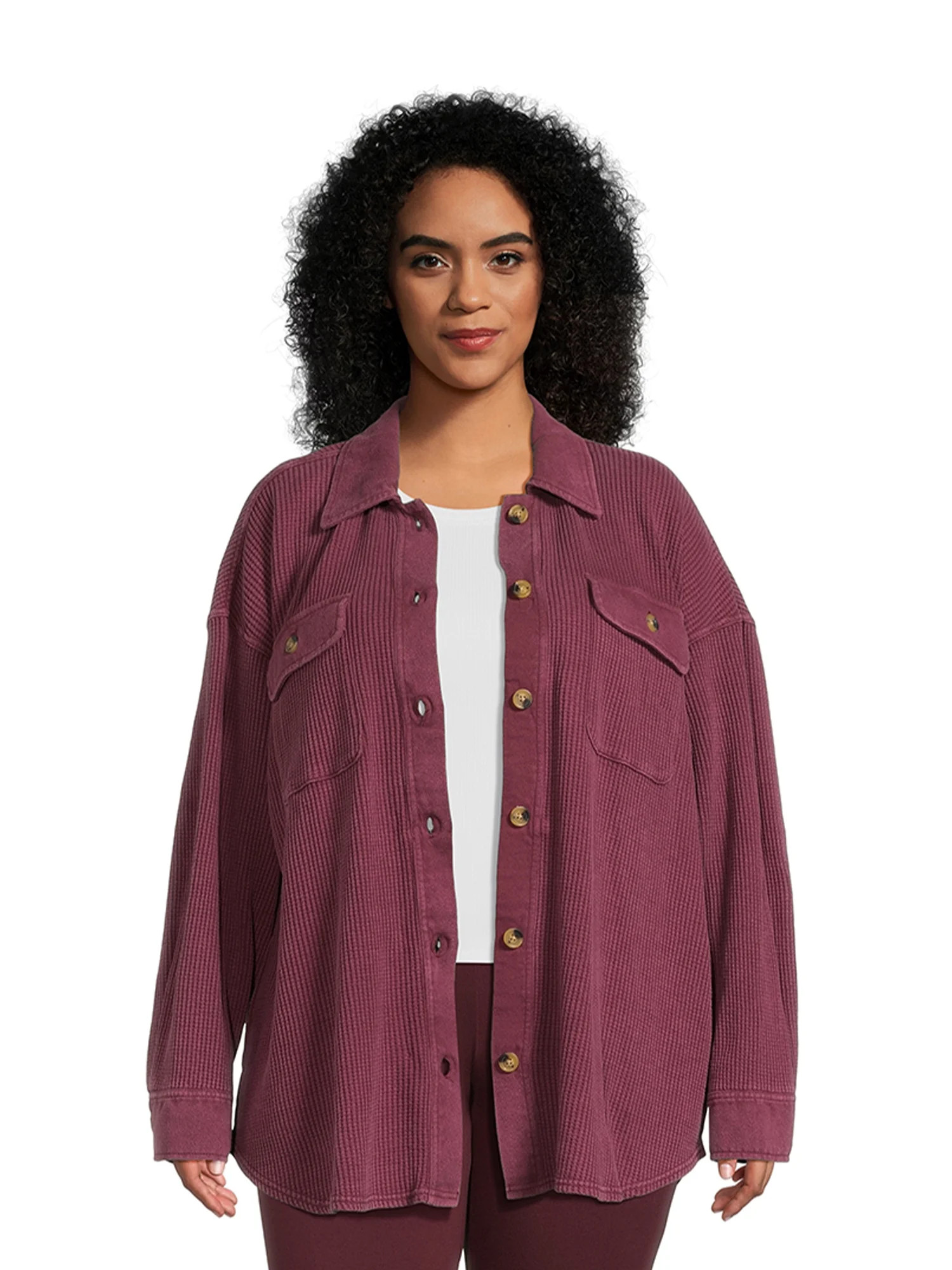 Terra & Sky Women's Plus Size Button Down Waffle Knit Shacket | Walmart (US)