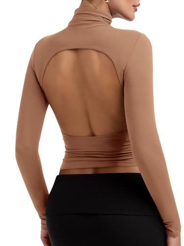 PINKMSTYLE Womens Backless Long Sleeve Turtleneck Top Double Lined Ruched Cute Going Out Tops Y2K Outfits 2025 Coffee X-Small | Amazon (US)