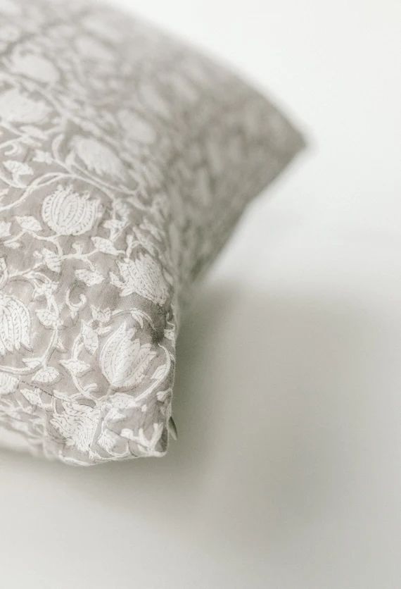 Neutral block print pillow cover, neutral throw pillows, Neutral floral pillow, modern farmhouse ... | Etsy (US)