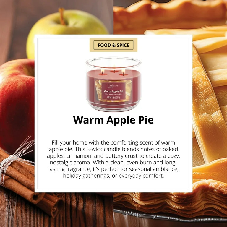 Mainstays 3-Wick Scented Glass Jar Candle, Warm Apple Pie, 11.5oz. - Walmart.com | Walmart (US)