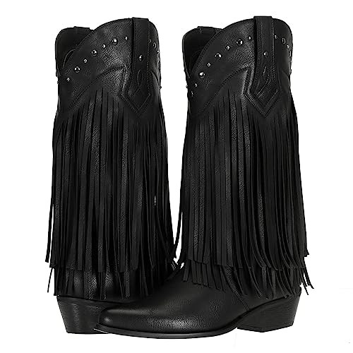 SheSole Women's Cowboy Boots Fringe Western Boots Black US 9.5 | Amazon (US)