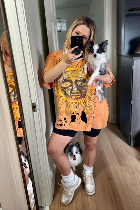 Sharing my fav graphic tee brand - Urban Outfitters! My Sublime tee is no longer available but I linked some similar styles I love! 

Also linked my absolute fav biker shorts. I live in these! 
Shoes: best seller Nike dunk - I went up a half size 

(dogs not for sale) 😉 

Ask me any questions in the comments about these items!