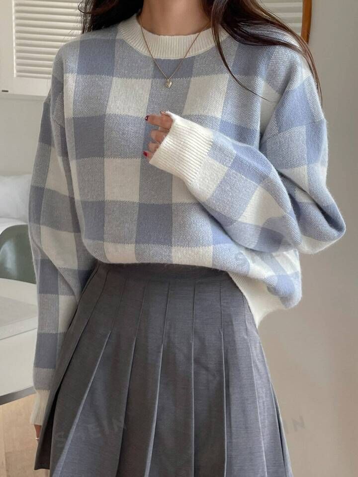 DAZY Gingham Pattern Drop Shoulder Oversized Sweater | SHEIN