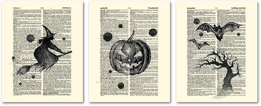 SUMGAR Halloween Decor Vintage Dictionary Page Papers Posters Pumpkin Lantern Witch on Broom Bat ... | Amazon (US)