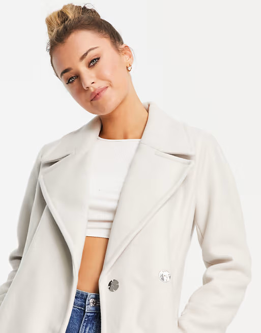 Forever New wrap tie smart midi formal coat in cream | ASOS (Global)