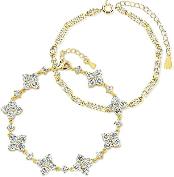 14K Gold Plated Bracelet Set for Women 2Pcs Personalized Stackable Square and Clover Bracelet Adj... | Amazon (US)
