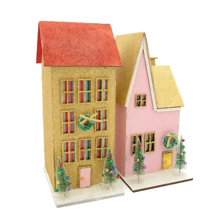 Packed Party "Merry Pinkmas" Red and Gold Glitter Village Holiday Decoration Assembled Product He... | Walmart (US)