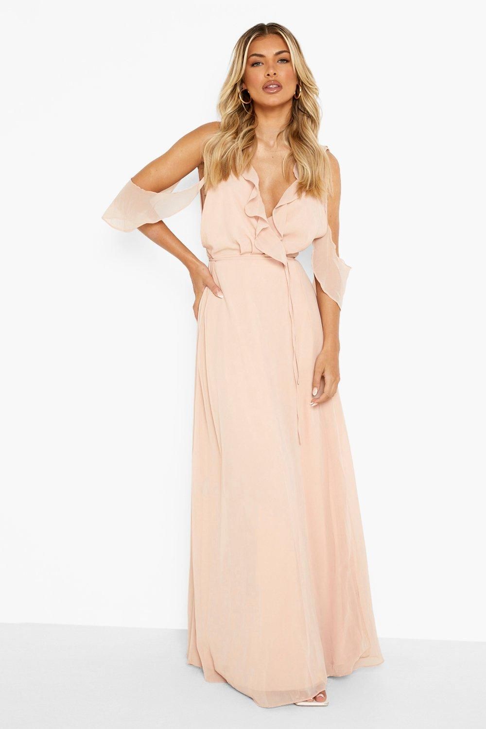 Womens Chiffon Frill Wrap Maxi Bridesmaid Dress - Pink - 10 | Boohoo.com (US & CA)