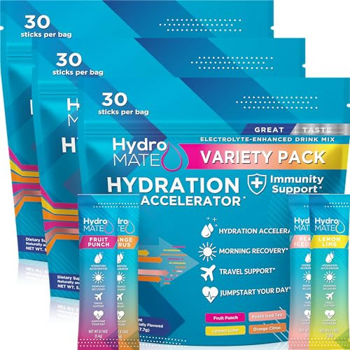 HydroMATE Electrolyte Powder Variety Pack Bulk Hydration Packets Low Sugar 90 Count | Amazon (US)
