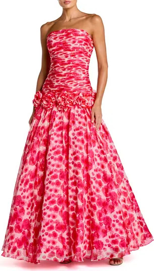 Printed Chiffon Strapless Drop Waist Ballgown | Nordstrom