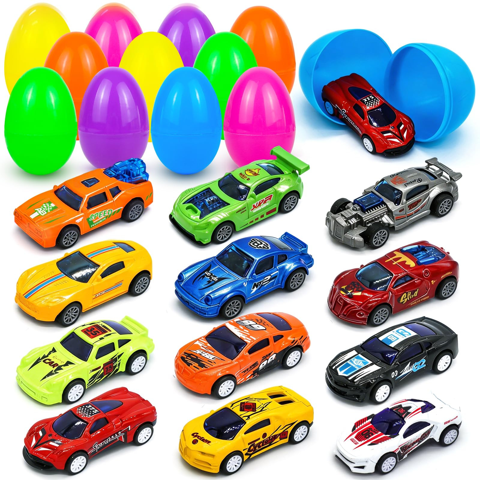 12 Pack Easter Eggs Filled with Die-cast Racing Cars Toys, Cars Easter Basket Stuffers Fillers fo... | Amazon (US)