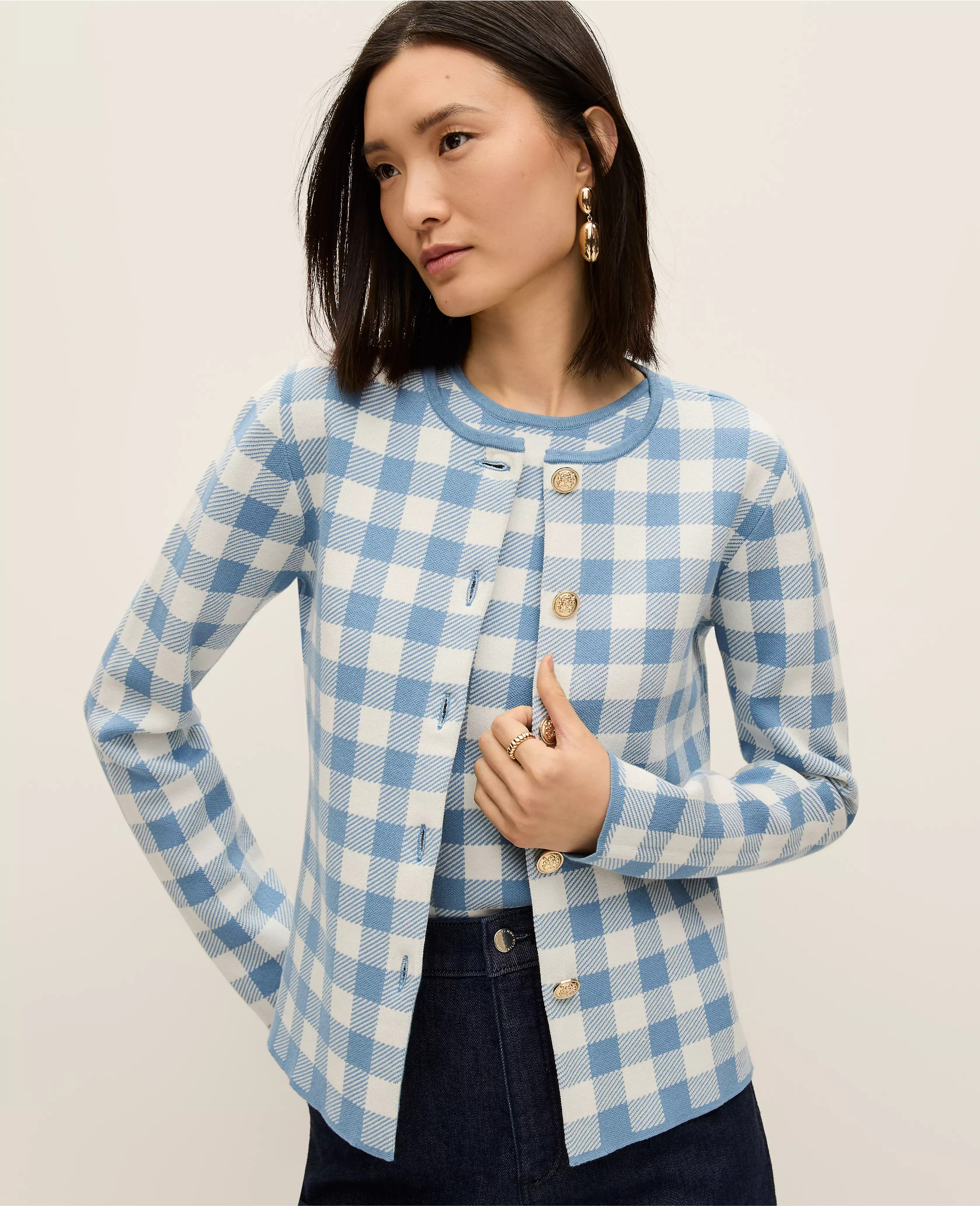Gingham Jacquard Sweater Jacket | Ann Taylor