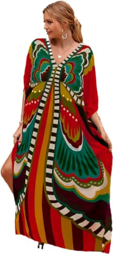 Women's Caftan Dress red Butterfly Kaftans Plus Size Swimsuit Cover up for Loungewear Women Half Sleeve Vneck Poolside Dresses Long Loose fit Caftan Dress Striped Print Kaftans (LS-1129-3) | Amazon (US)