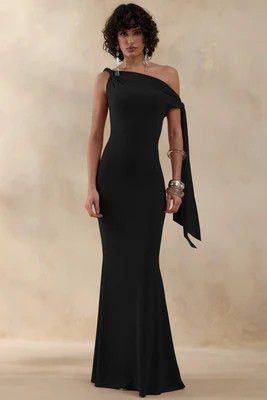 Vista | Black Asymmetric-Neck Maxi Dress With Knot-Sleeve Detail | Club L London