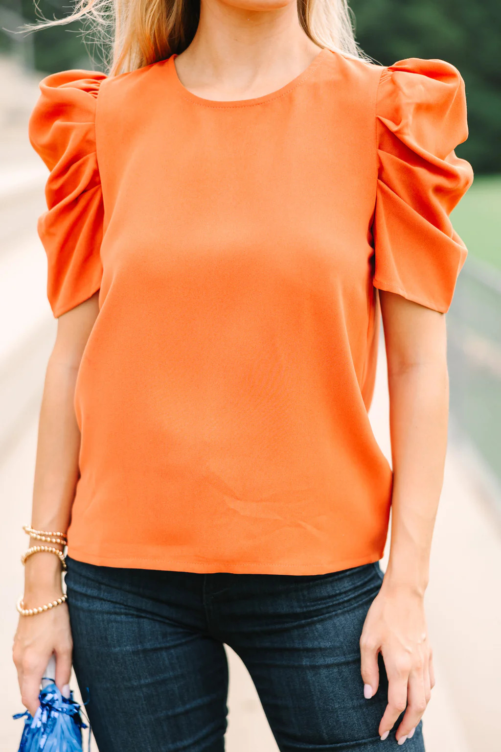 Here For The Drama Orange Puff Sleeve Blouse | The Mint Julep Boutique